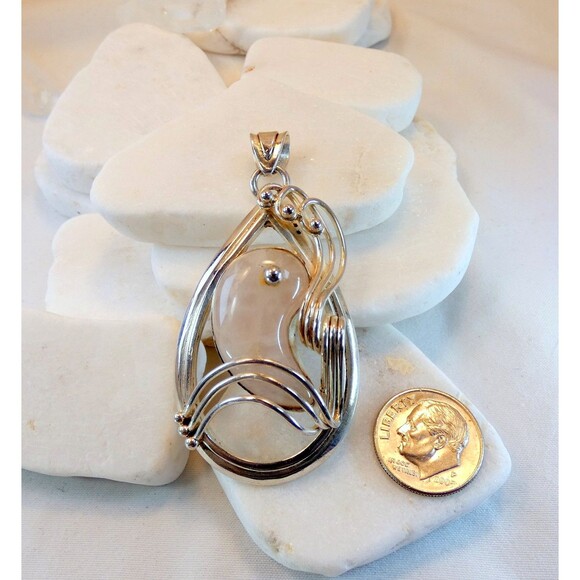 Sterling Silver Rose Quartz Gemstone Large Artisan Pendant Yin Yang 26g - Picture 3 of 7